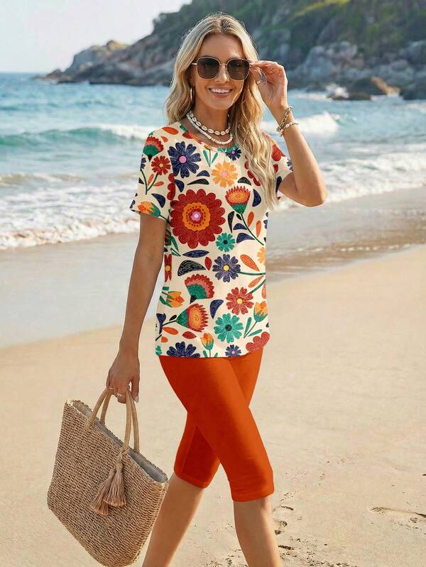 EMERY ROSE Kadınlar için Günlük Kullanıma Uygun, Minimalist Çiçek Desenli 2 Parça Takım, Yaz İçin İdeal