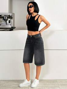 SHEIN Quần jean ngắn cạp thấp màu đen, kiểu dáng đường phố, dài đến dưới đầu gối. - màu đen - Xem 5