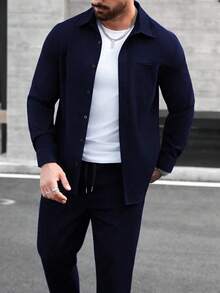 Manfinity CasualCool Men's Long Sleeve Shirt Collar Button-Up Shirt And Pants Set, Autumn/Winter - Navy Blue - View 5