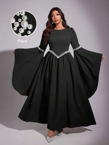 Viva Relle 大码女士优雅浪漫奢华派对/婚礼宾客珍珠装饰圆领收腰长袖喇叭袖口A字长裙（珍珠装饰随机）珍珠装饰连衣裙 女士精美连衣裙 阿拉伯风格连衣裙 女士连衣裙 正式礼服 黑色连衣裙 - 黑色 - 查看 1