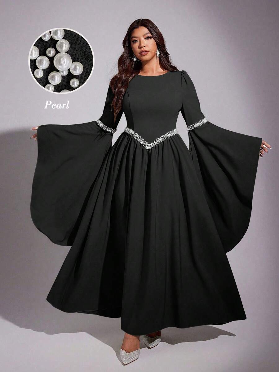 Viva Relle 大码女士优雅浪漫奢华派对/婚礼宾客珍珠装饰圆领收腰长袖喇叭袖口A字长裙（珍珠装饰随机）珍珠装饰连衣裙 女士精美连衣裙 阿拉伯风格连衣裙 女士连衣裙 正式礼服 黑色连衣裙 - 黑色 - 查看 1
