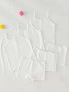 6件套少女基础款甜美简约多色蕾丝边吊带背心和蕾丝边平角内裤套装 - 白色 - 查看 2