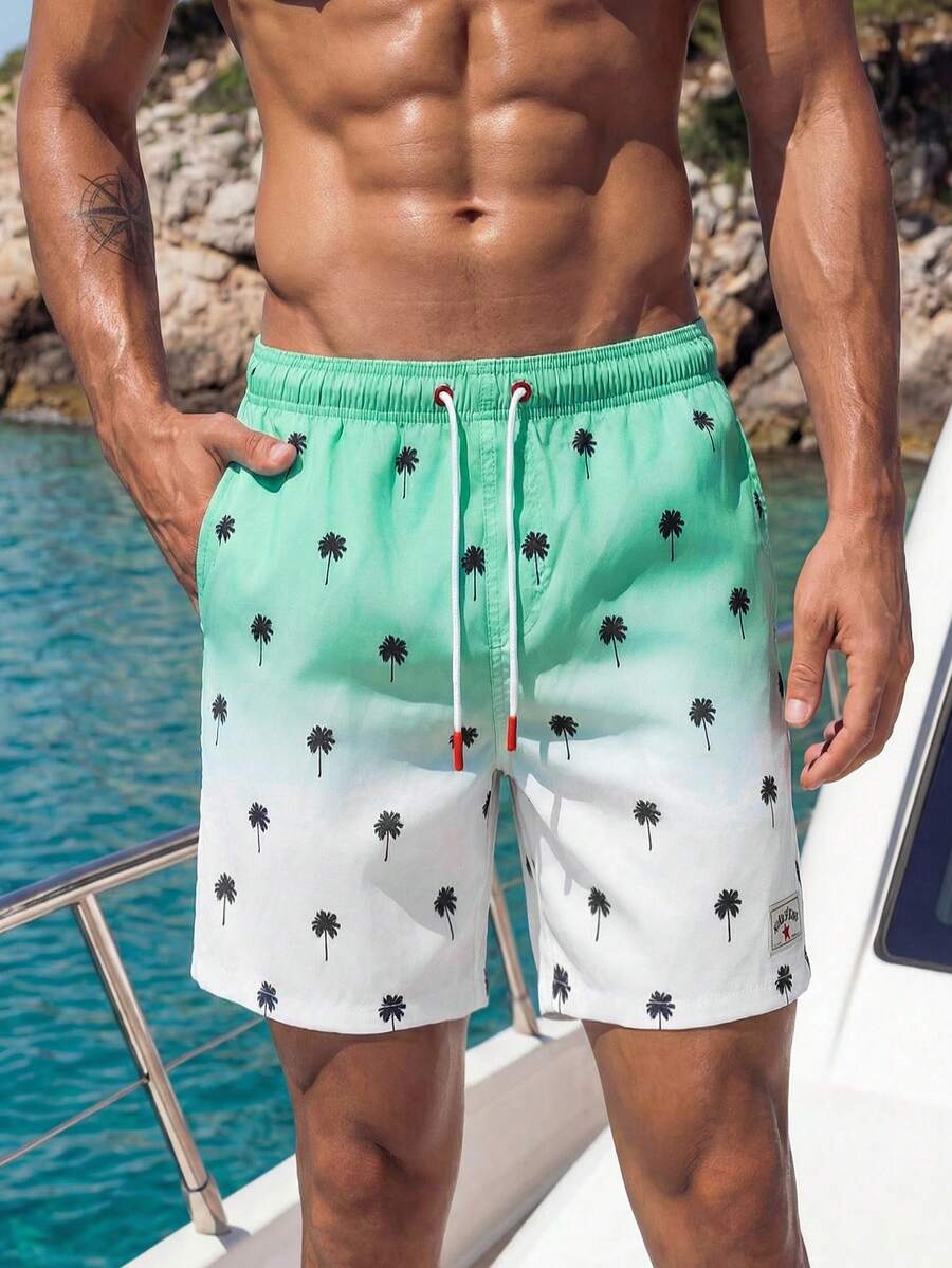 Manfinity Swimmode Men's Palm Tree Print Drawstring Waist Beach Shorts - Green - View 1