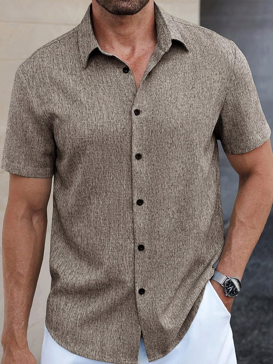 Manfinity Homme Manfinity CasualCool 男士亚麻条纹短袖衬衫,适合夏季日常通勤 - 鏽棕色 - 查看 1