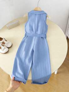 Girls' Casual All-Match Versatile Collared Button-Front Belted Soft Crinkle Denim Look Jumpsuit Pants, Suitable For Autumn, Picnics, Outings, Matching Sets, Daily Wear - Blue - View 2