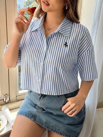 GalTyme Plus Size Casual Striped Front Button Short Sleeve Shirt