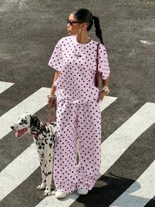 Muchica Women's Casual Pink Polka Dot Pattern Loose T-Shirt And Wide Leg Pants Set, Suitable For Outings, Street Style, Y2K Fashion, Spring/Summer, Wide Leg Pants Set - Pink - View 1