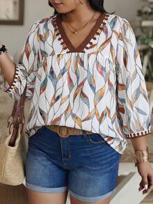 SHEIN LUNE Random Print Plus Size Women V-Neck Blouse - Multicolor - View 3