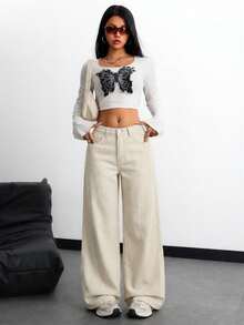 SHEIN Teen Girls' Casual Y2K Comfortable Loose Fit Wide Leg Jeans Fall Winter,Dailywear, Streetwear,Halloween,Christmas,Winter - Apricot - View 3