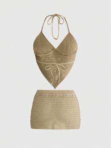 ROMWE Knitted Sexy Vacation Style Sequin Outfit For Party & Music Festival - Khaki - View 2