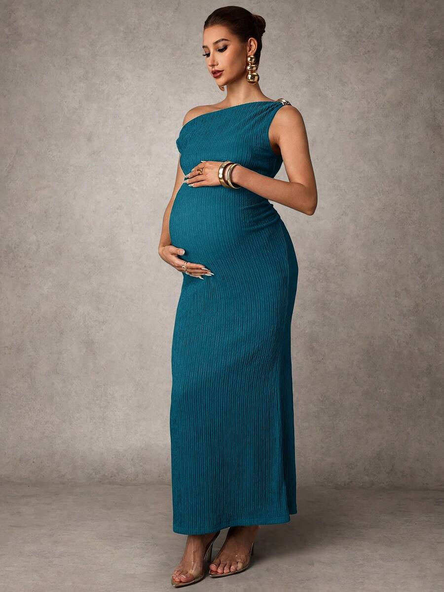 MaterniChic Maternity Solid Color Casual Everyday Dress, Asymmetrical Shoulder - Blue - View 1