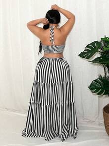 Slaydiva Plus Size Summer Casual Vacation Striped Hollow Out Halter Dress - Black - View 2