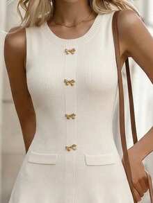 Balvessa Vestido de mujer de punto con cuello redondo, sin mangas, con bolsillo, decoración metálica de lazo y bajo de cola de pez ajustado - Albaricoque - Ver 5