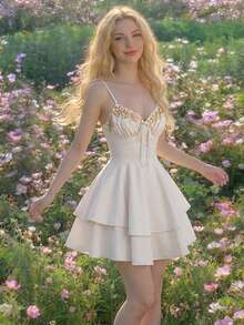 SHEIN MOD 杏色系带印花蝴蝶结褶皱连衣裙，双层下摆——70年代复古波西米亚风，适合海滩度假、约会、派对、春夏女士装、春假、度假、野餐、节日、生日等场合。 - 杏色 - 查看 3