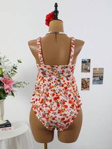 Swim Mod 2pcs/Set Girls' Ribbed Ditsy Floral Ruched Strap Tankini Top And High Waist Ruffled Hem Bikini Bottom Swimwear - Multicolor - View 4