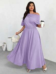 Firerie Plus Size Solid Color Asymmetrical Shoulder Short Sleeve Long Casual Elegant Summer Dress - Purple - View 8