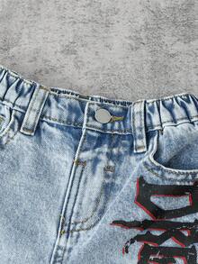 SHEIN Quần short denim dáng rộng màu xám đậm, phong cách đường phố, cá tính dành cho bé trai, với nhiều túi, thích hợp cho trang phục đường phố. - Rửa nhẹ - Xem 3