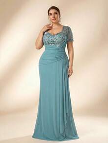 Serin Plus Size Elegant Romantic Mint Green Sweetheart Neck Puff Sleeve Luxury Embroidered Mesh Patchwork Pearl & Rhinestone Ruffle Mermaid Hem Formal Evening Gown (Intricate Design) Mother - Green - View 7