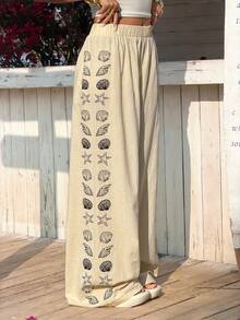 Muchica Women's Casual Seashell Print Loose Pants, Vacation Style - Apricot - View 7