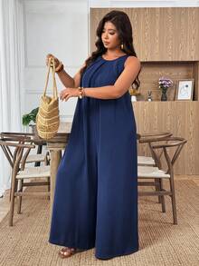 Weeklong Plus Size Casual Pleated A-Line Jumpsuit Fall - Navy Blue - View 7