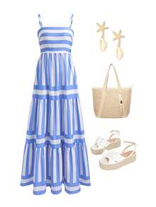 GlowEve Women's Striped Ruffle Hem Casual Maxi Slip Dress - Blue and White - View 3