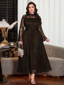 Modelyn Elegant Solid Color Lace Long Sleeve Cinched Waist A-Line Plus Size Dress, Suitable For Spring And Summer Fall - Coffee Brown - View 6