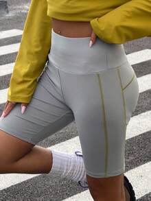 Muchica Quần legging/quần short nữ màu trơn, cạp cao, kiểu dáng thường ngày, đa năng. - Xám - Xem 7