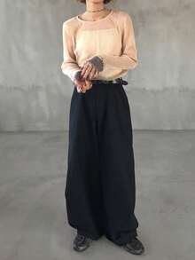 FRIFUL 女士撞色圆领长袖薄纱蕾丝拼接休闲百搭上衣，秋冬款 - 杏色 - 查看 2