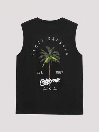 Open Phase 男士假日休闲椰树字母印花背心，Emo风格春夏款