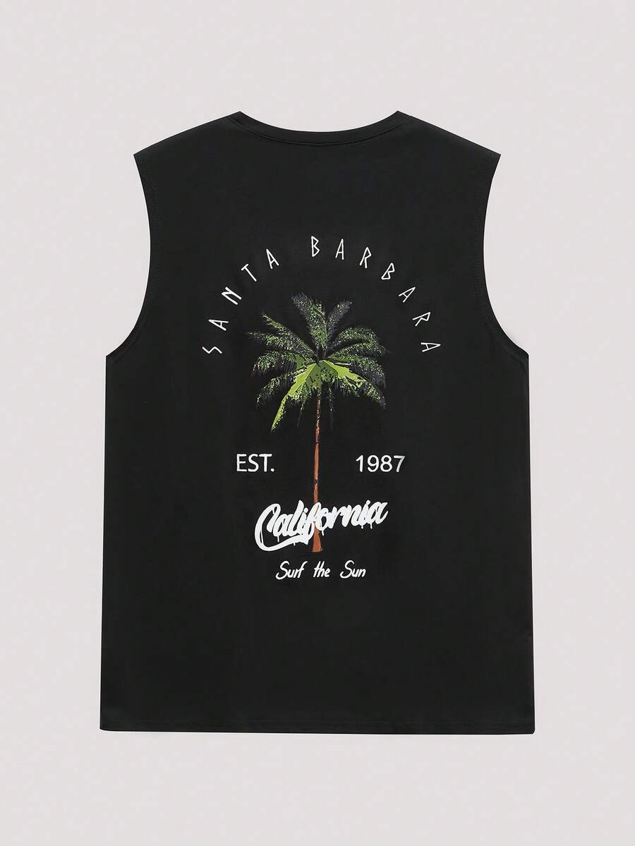 Open Phase Camiseta de tirantes casual de hombre con estampado de árbol de coco y letras, ideal para la primavera y el verano - Negro - Ver 1
