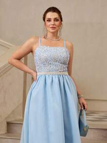VOLUPTÉ CURVE Plus Size Summer Sky Blue Lace Cinched Waist Patchwork Spaghetti Strap Top Fairy Elegant Long Dress For Engagement Partys, Parties, Prom, Graduation - Blue - View 7