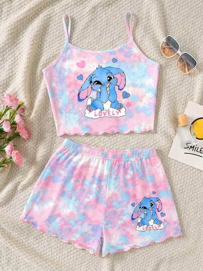 Conjunto de pijama de 2 piezas para niñas pequeñas, con pantalones cortos de tirantes con estampado de teñido anudado de conejito azul lindo y elegante, de tela de punto suave y cómoda para uso diario