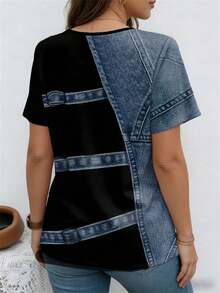 SHEIN CURVE+ Patchwork Pattern Twill Texture Round Neck Short Sleeve Casual Plus Size T-Shirt, Spring - Black - View 2