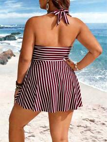 Swim Lushoire 大码女士两件式条纹印花腰部褶皱挂脖式吊带泳衣，成熟简约休闲度假泳装 - 彩色 - 查看 2