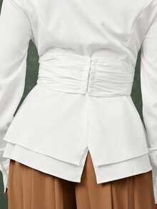 Vixey 棕色裹身式收腰双层荷叶边下摆纽扣领办公衬衫 - 白色 - 查看 5