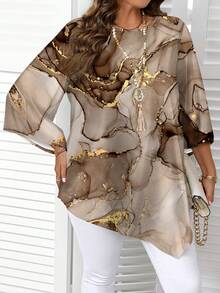 EMERY ROSE Áo sơ mi dài tay cổ tròn tay dài cỡ lớn, kiểu dáng thường ngày, họa tiết vân đá cẩm thạch, thích hợp cho mùa xuân và mùa thu. - Nhiều màu - Xem 3