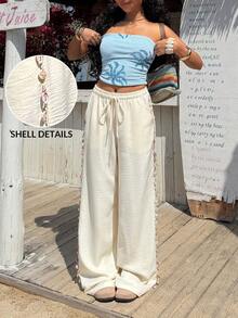Muchica Quần ống rộng dáng suông thắt nút, chất liệu dệt màu mơ dành cho nữ. - Màu be - Xem 1