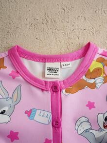 LOONEY TUNES X SHEIN Baby Girl Cartoon Print Button Decor Round Neck Short Sleeve Romper - Pink - View 3