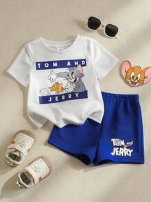 TOM & JERRY X SHEIN Baby Boy Letter & Cartoon Print Round Neck Short Sleeve T-Shirt And Shorts Casual Daily Outfit - Multicolor - View 2