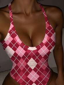 女士时尚性感数码格子印花连体衣 - 彩色 - 查看 1