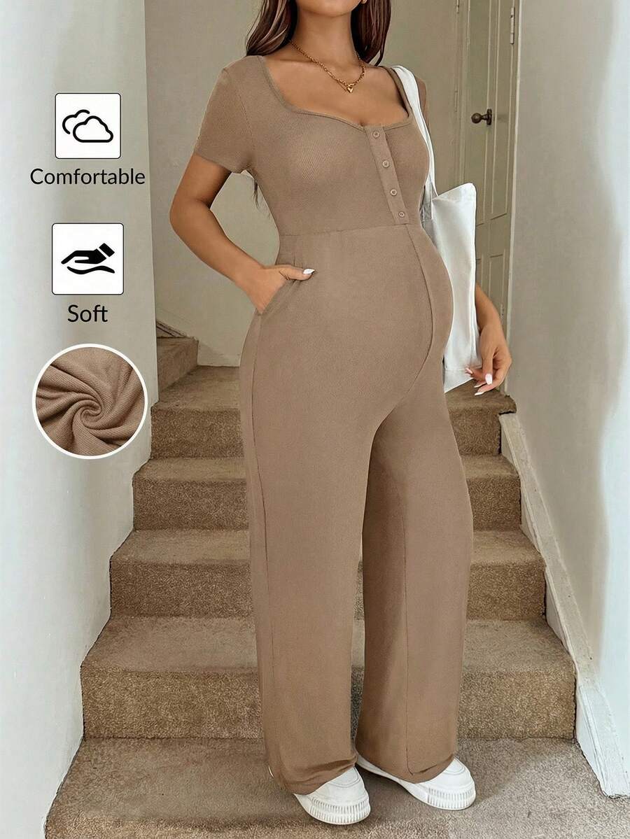 SHEIN Gravida kvinnors enfärgade lapptäcksjumpsuit med knäppning framtill och knytning i midjan - Kaki - Visa 1