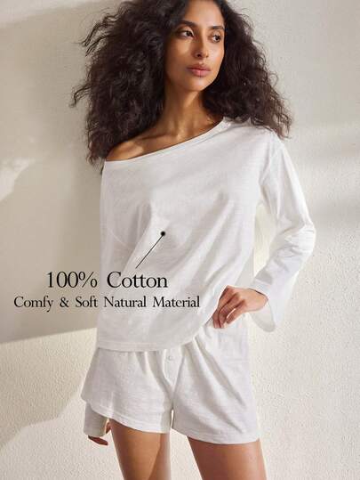 Ocili 2 pièces Ensemble de pyjama avec short en coton doux, manches longues, faux plastron et boutons. Tenue de détente minimaliste et confortable pour femmes
