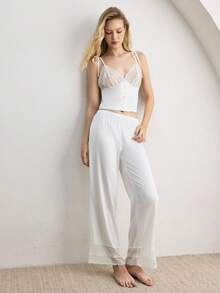 Ocili Women's Lace Patchwork Camisole & Long Pants Pajama Set - White - View 5