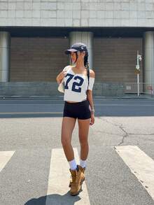 INAWLY Camiseta de mujer casual y cómoda con estampado numérico y hombros descubiertos, para verano - Blanco - Ver 6