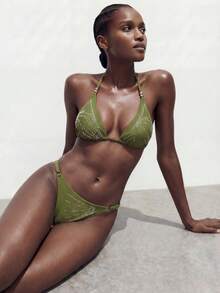 Maija Women's Halter Neck Spaghetti Strap Triangle Bikini Set,Glitter Sequin Textured 2 Pieces Bathing Suit,Olive Green Summer Casual Beach Vacation Holiday - Army Green - View 1