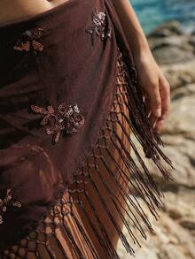 Sequin Embroidered Tassel Hem Tie-Up Cover-Up Skirt - Brown - View 6