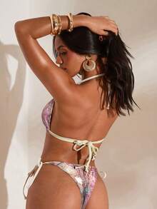 Opulessa Women's Halter Neck Spaghetti Strap Triangle Bikini Set With Unique Decor Ring, Summer Bikini Set Beach Vacation Outfits For Women - Multicolor - View 2