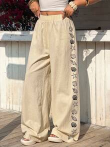 Muchica Women's Casual Seashell Print Loose Pants, Vacation Style - Apricot - View 6