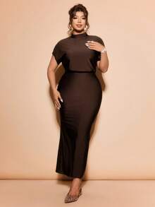 Cravure Plus Size Women Solid Color Stand Collar Elegant Waist Cinched Party Dress - Brown - View 7