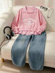 SHEIN 2pcs/Set Girls' Casual Striped Patchwork Lapel Fresh Commuting Style Denim Pants Outfit, Suitable For Outdoor And Daily Wear - Pink - View 3